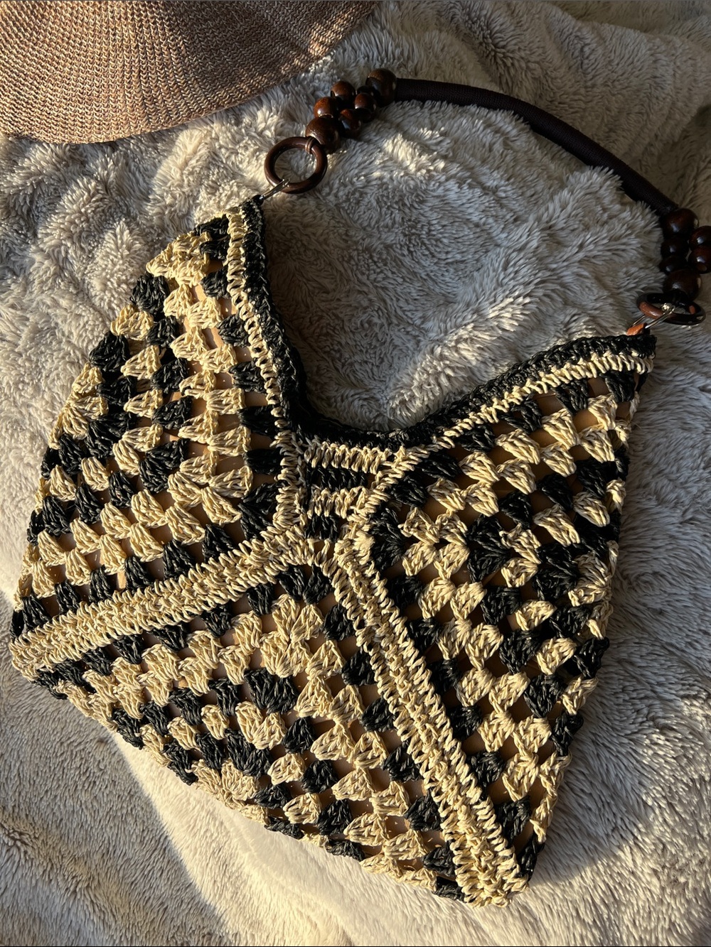 Handmade Crochet Boho Bag in Black & Natural